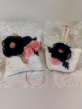 🩷 Handmade Navy Blue, Pink and Rose Gold Gold Pillow and Flower Basket Set